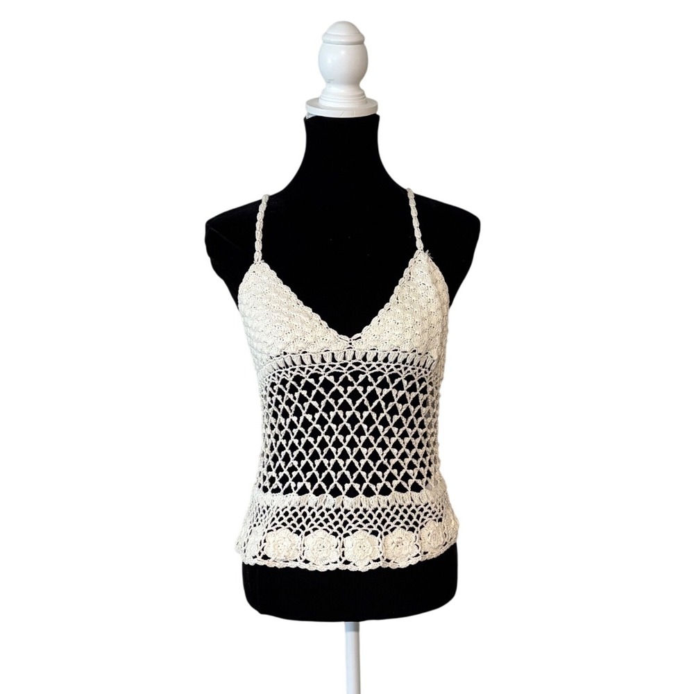 Cleobella Crochet Halter Top Cream Cotton Open Knit Boho Festival Floral Medium